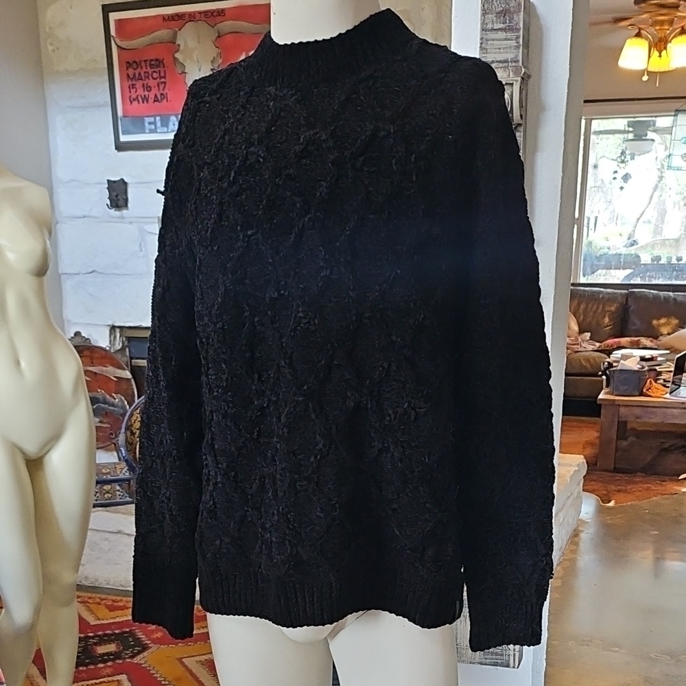 Scotch & Soda Men's Black Chenille Chunky Cable-Knit Sweater Crew Neck Size L